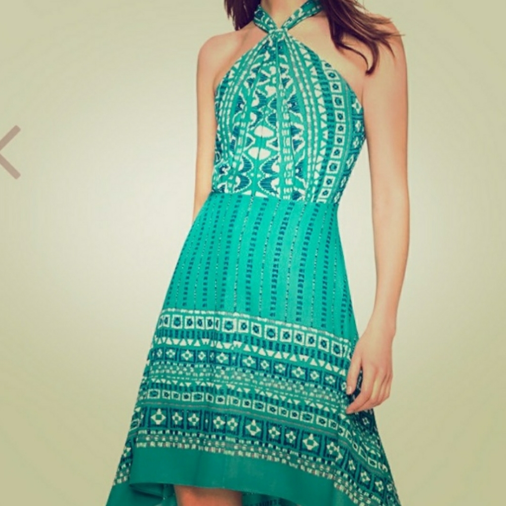 BCBG Maxazria turquoise printed halter dress
